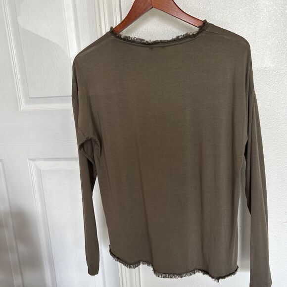 SANCTAMUERTE Top Raw Hem Brown Blouse Size XS Fringes Long Sleeve Oversize Boxy - Picture 6 of 11